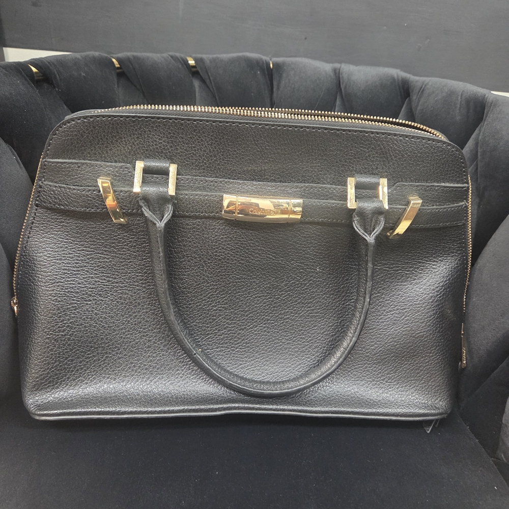 Calvin Klein Black Leather Briefcase with Gold Accents